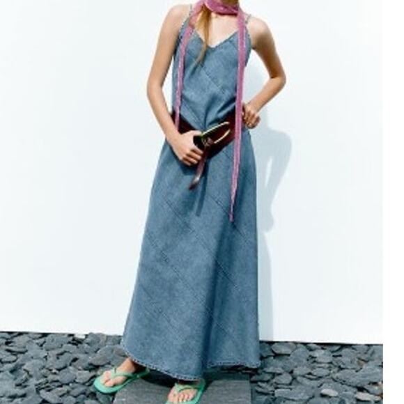 ZARA Denim A-Line Midi / Maxi Dress Spaghetti Straps 100% Cotton Size XS - Picture 1 of 6